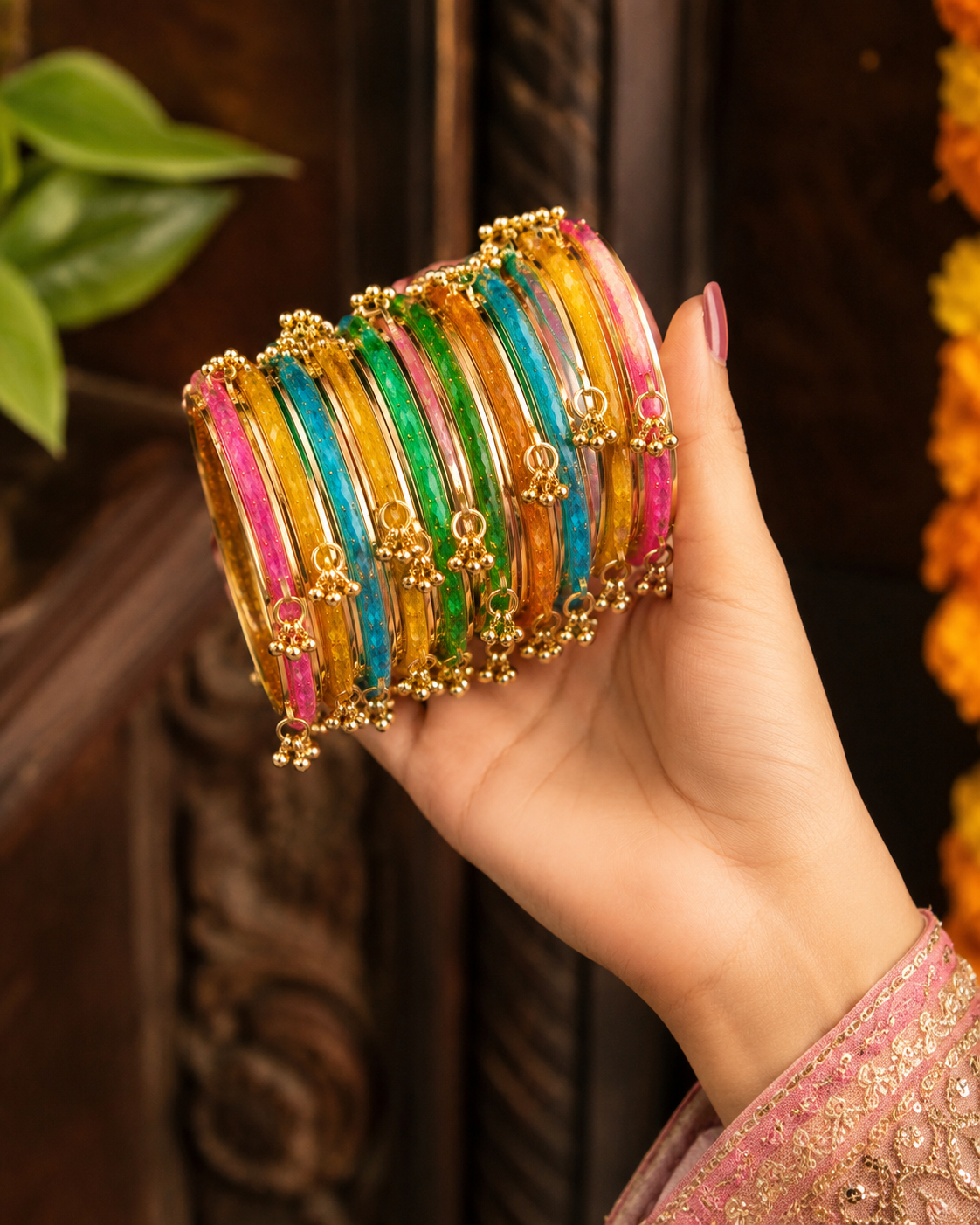 Shilpakala Ornaments Gold-Plated Multicolor Pearl Glass Bangles for Women | Kashmiri Style | Size 2.25