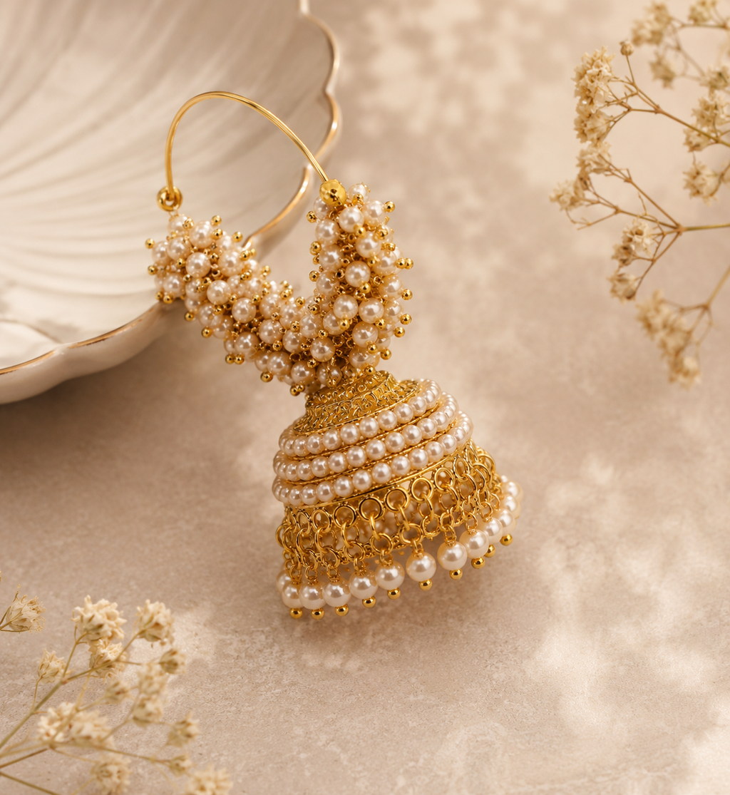 Shilpakala Ornaments Gold Plated Pearl Hoop Jhumka Earrings for Women | Traditional Festive Ethnic Jhumki | Wedding & Party Wear Jewellery