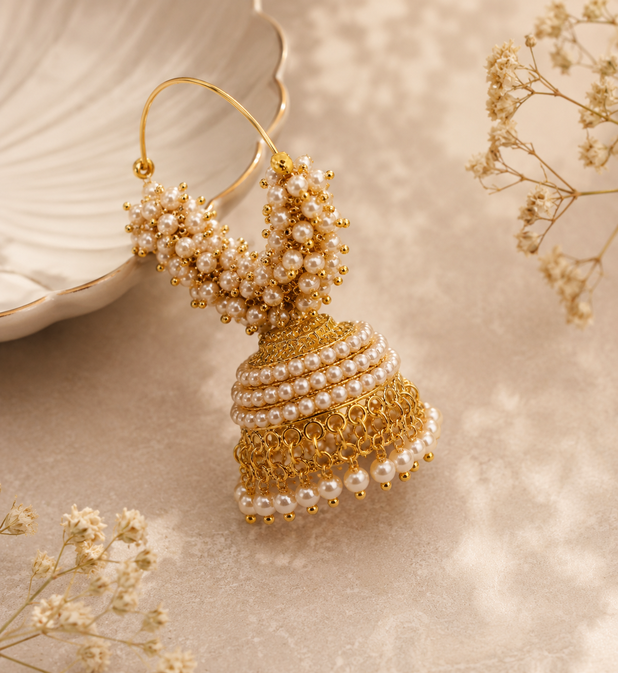 Shilpakala Ornaments Gold Plated Pearl Hoop Jhumka Earrings for Women | Traditional Festive Ethnic Jhumki | Wedding & Party Wear Jewellery