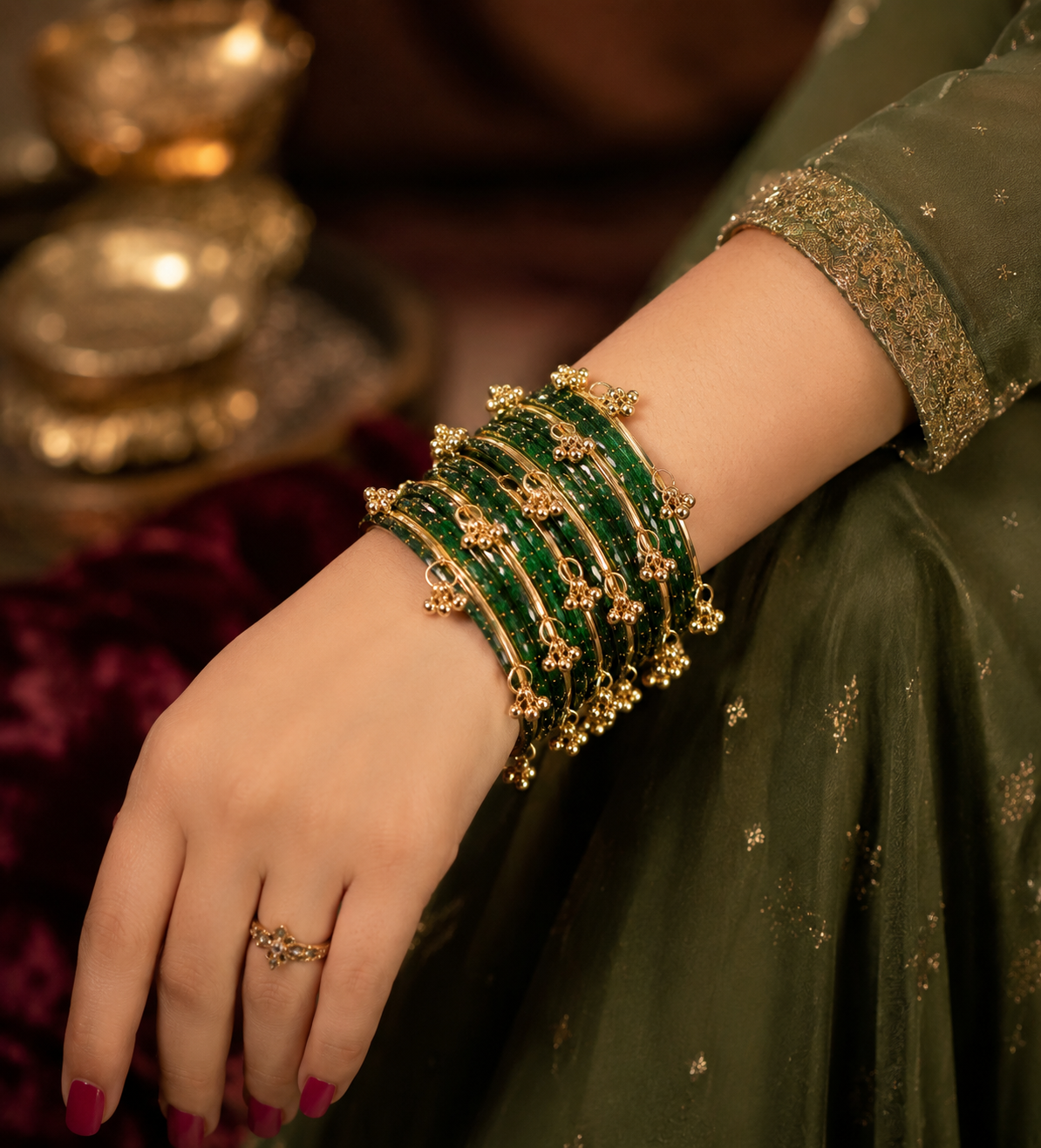 Shilpakala Ornaments Gold-Plated Green Pearl Glass Bangles for Women | Kashmiri Style