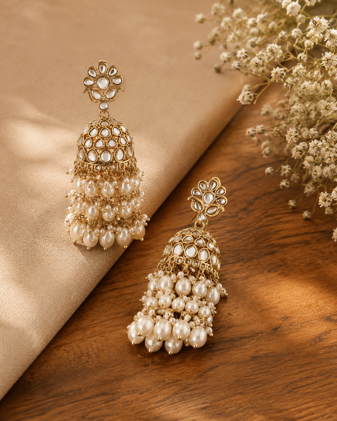 Shilpakala Ornaments Gold Tone Kundan & Pearl Drop Jhumka Earrings for Women | Traditional Bridal Wedding Ethnic Earrings | Festive Jewellery