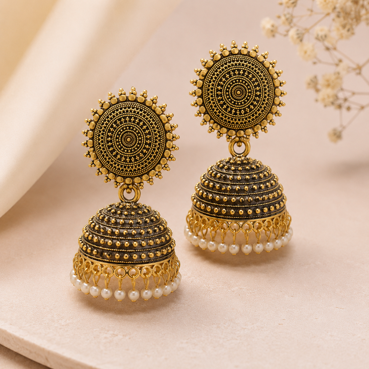Shilpakala Ornaments Gold Plated Floral Pearl Jhumka Earrings