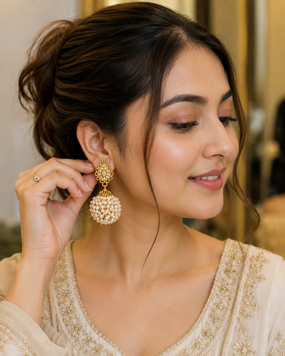 Shilpakala Ornaments Antique Gold Plated Traditional Pearl Jhumki Earrings for Women | Ethnic Wedding Party Wear Gold Tone Jhumka Earrings
