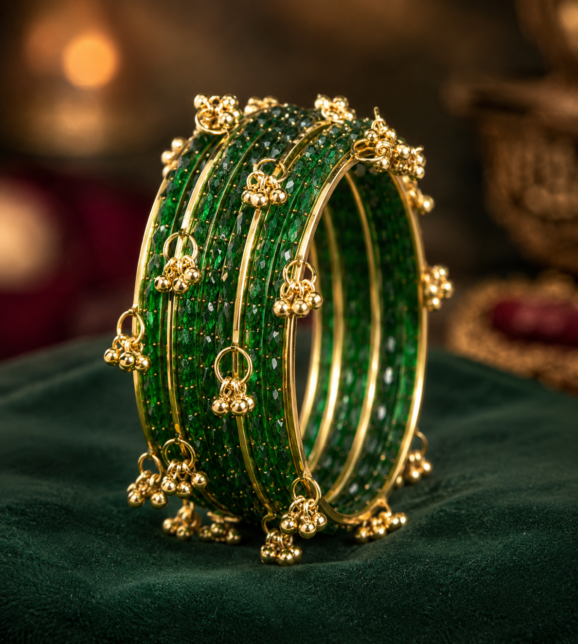 Shilpakala Ornaments Gold-Plated Green Pearl Glass Bangles for Women | Kashmiri Style