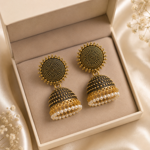 Shilpakala Ornaments Gold Plated Floral Pearl Jhumka Earrings