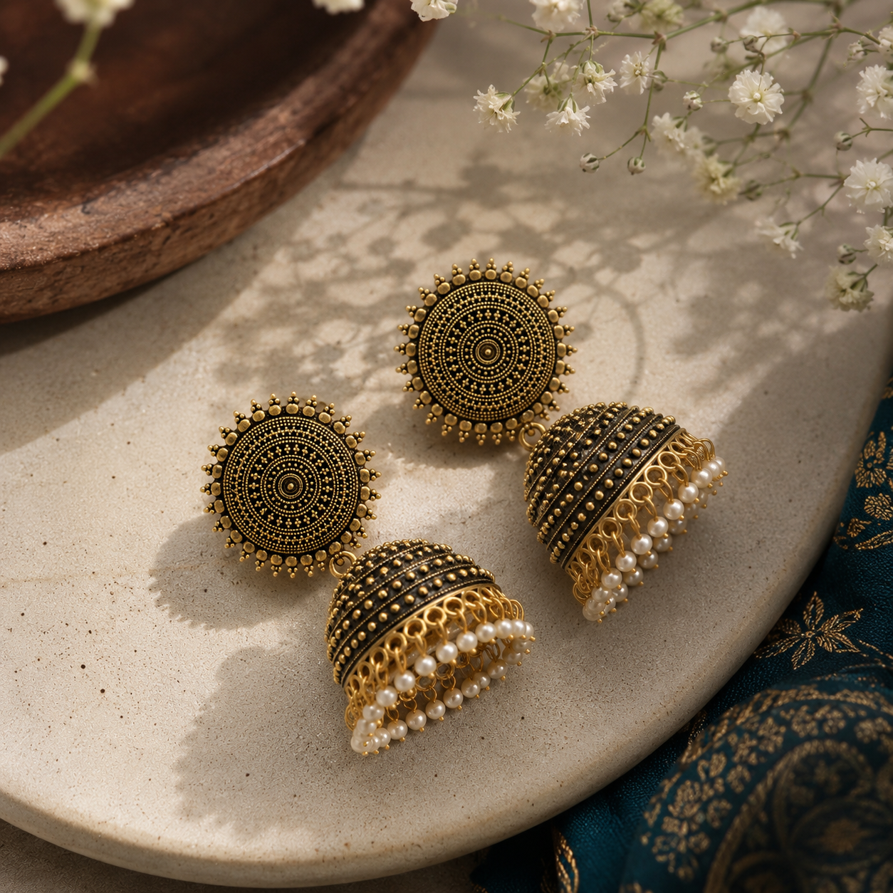 Shilpakala Ornaments Gold Plated Floral Pearl Jhumka Earrings