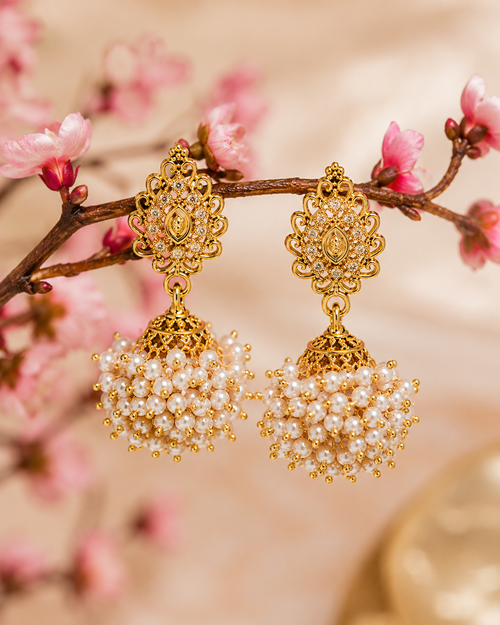 Shilpakala Ornaments Antique Gold Plated Traditional Pearl Jhumki Earrings for Women | Ethnic Wedding Party Wear Gold Tone Jhumka Earrings