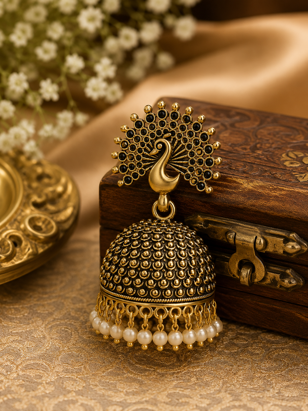 Shilpakala Ornaments Gold Plated Peacock Pearl Jhumka Earrings for Women | Antique Meenakari Traditional South Indian Temple Jhumki | Ethnic Bridal Party Wear
