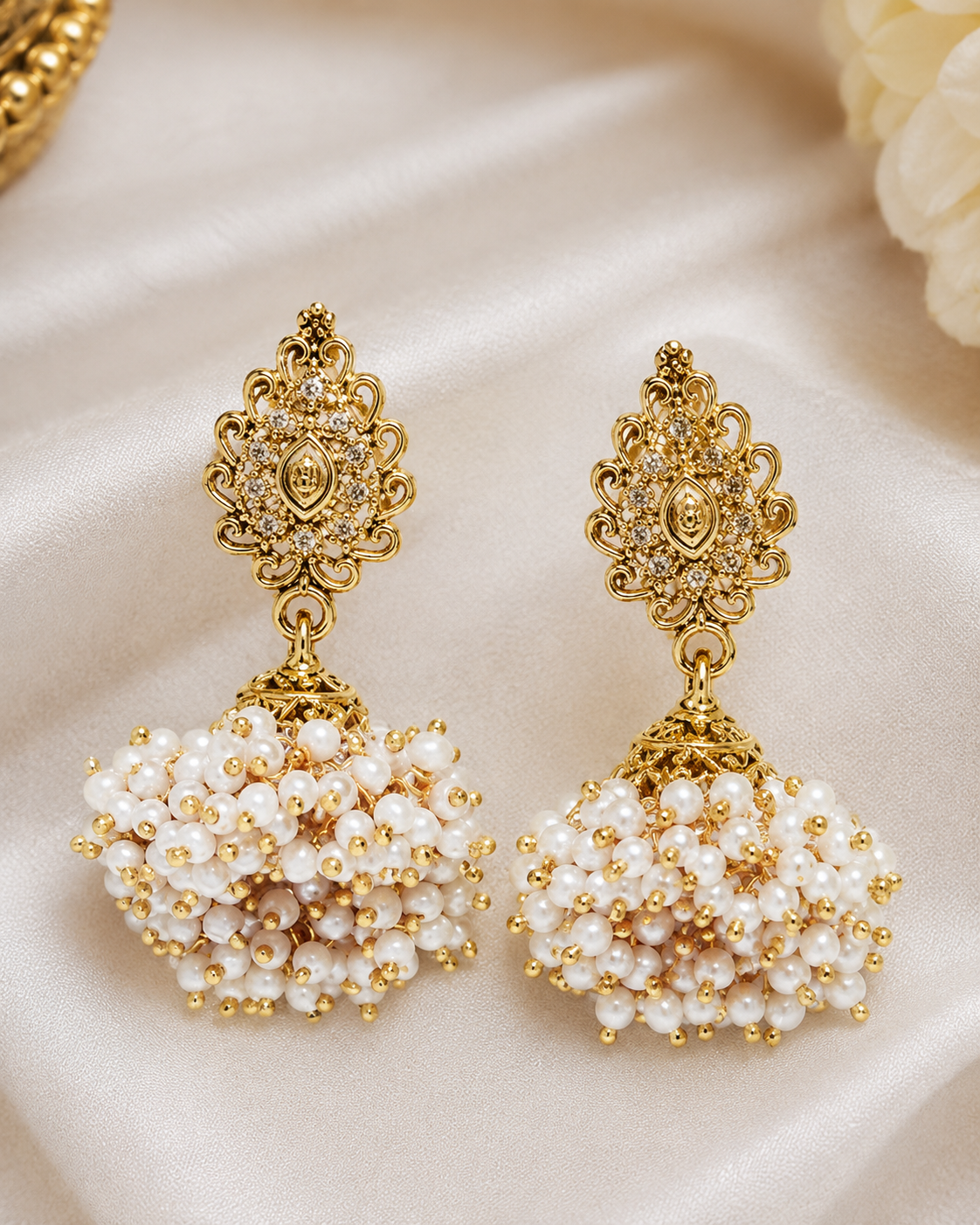 Shilpakala Ornaments Antique Gold Plated Traditional Pearl Jhumki Earrings for Women | Ethnic Wedding Party Wear Gold Tone Jhumka Earrings