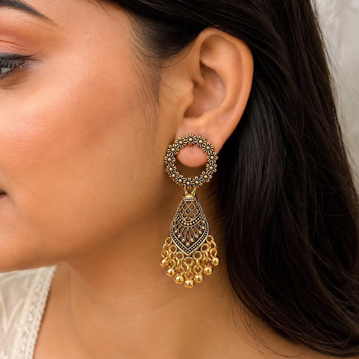 Golden Floral Charm Jhumka Earrings