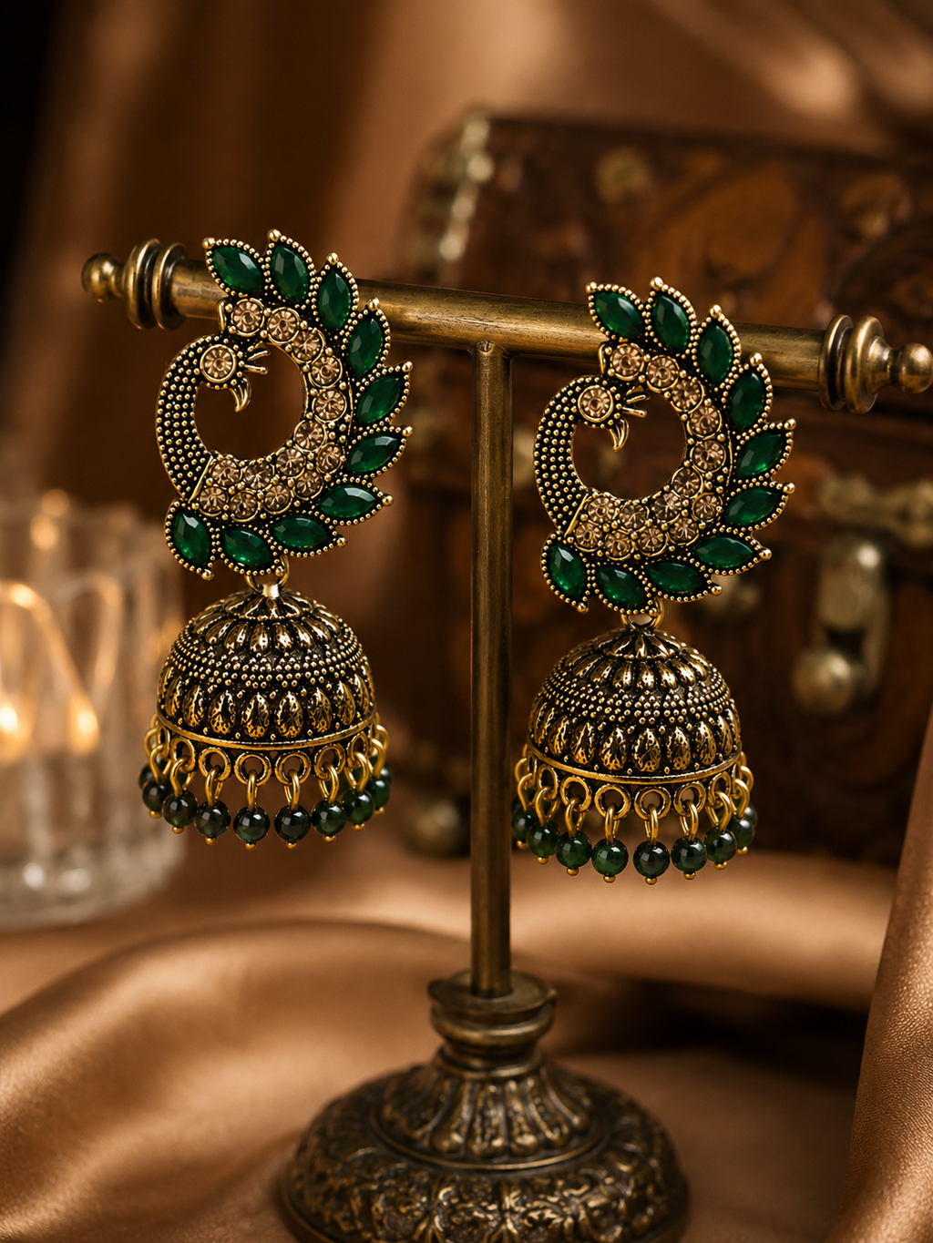 Shilpala Ornaments Gold Plated Antique Peacock Jhumka Earrings with Green Stones, CZ Crystals & Beads | Traditional Ethnic Earrings for Women & Girls