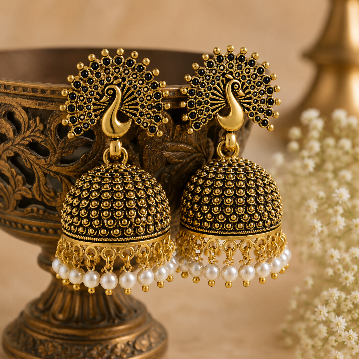 Shilpakala Ornaments Gold Plated Peacock Pearl Jhumka Earrings for Women | Antique Meenakari Traditional South Indian Temple Jhumki | Ethnic Bridal Party Wear