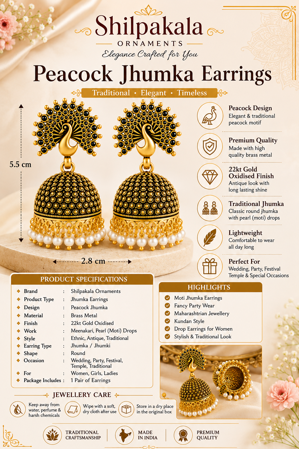 Shilpakala Ornaments Gold Plated Peacock Pearl Jhumka Earrings for Women | Antique Meenakari Traditional South Indian Temple Jhumki | Ethnic Bridal Party Wear