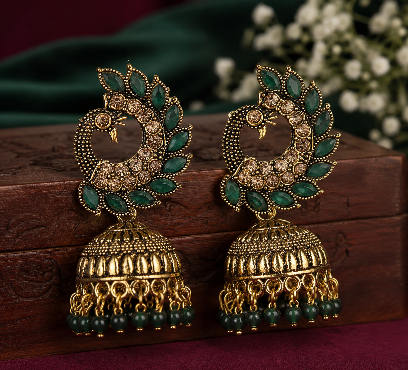 Shilpala Ornaments Gold Plated Antique Peacock Jhumka Earrings with Green Stones, CZ Crystals & Beads | Traditional Ethnic Earrings for Women & Girls
