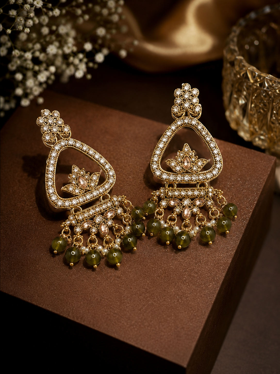 Shilpala Ornaments Gold-Plated Chandbali Jhumka Earrings with Olive Green Beads