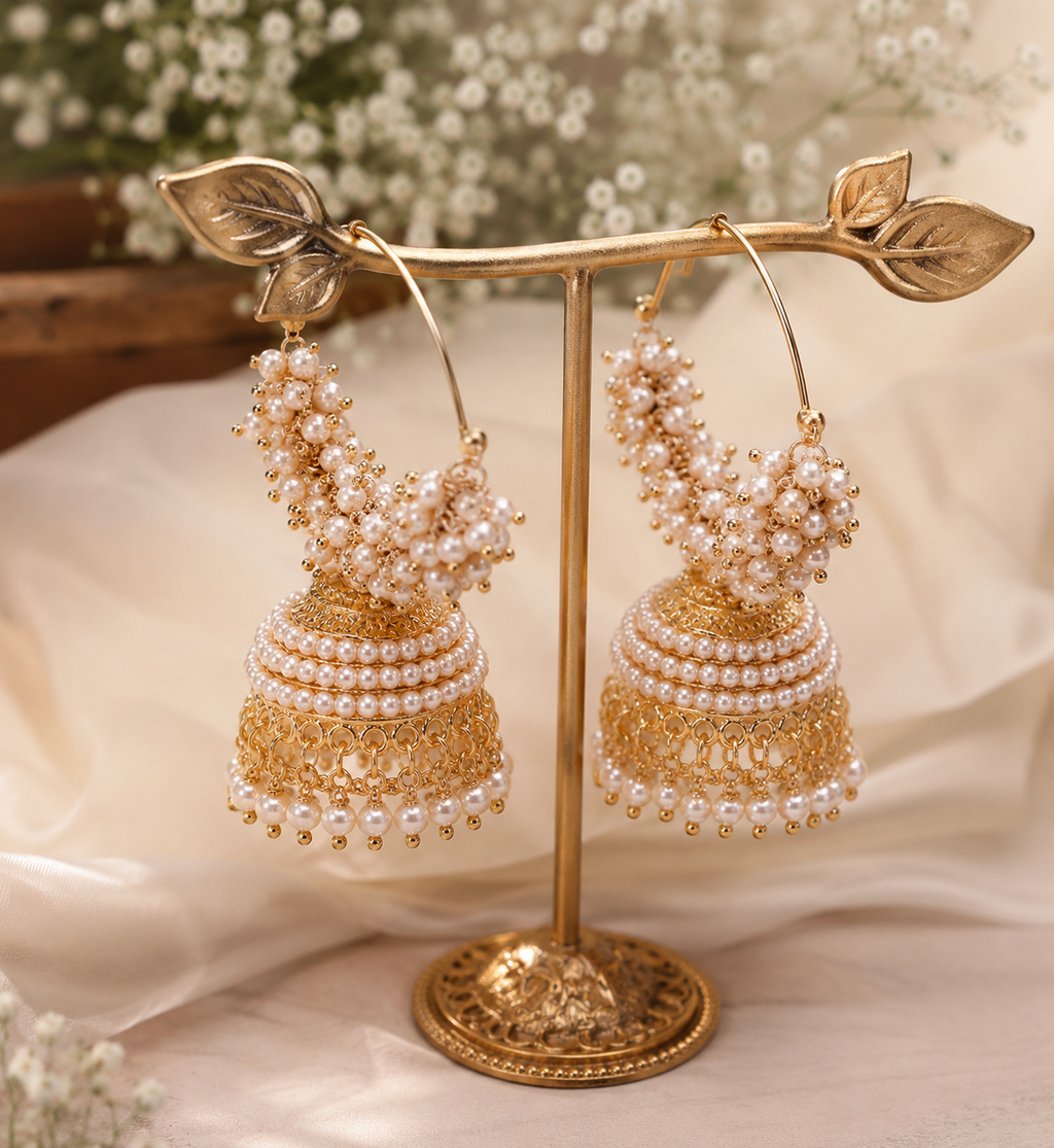Shilpakala Ornaments Gold Plated Pearl Hoop Jhumka Earrings for Women | Traditional Festive Ethnic Jhumki | Wedding & Party Wear Jewellery