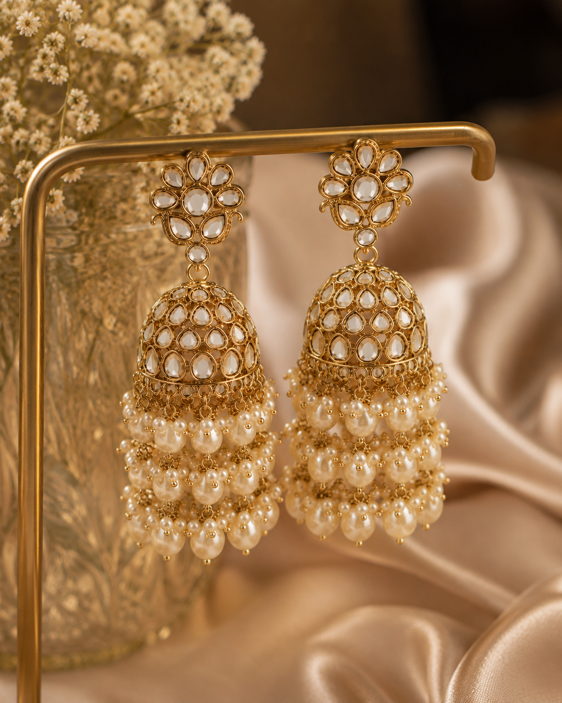 Shilpakala Ornaments Gold Tone Kundan & Pearl Drop Jhumka Earrings for Women | Traditional Bridal Wedding Ethnic Earrings | Festive Jewellery