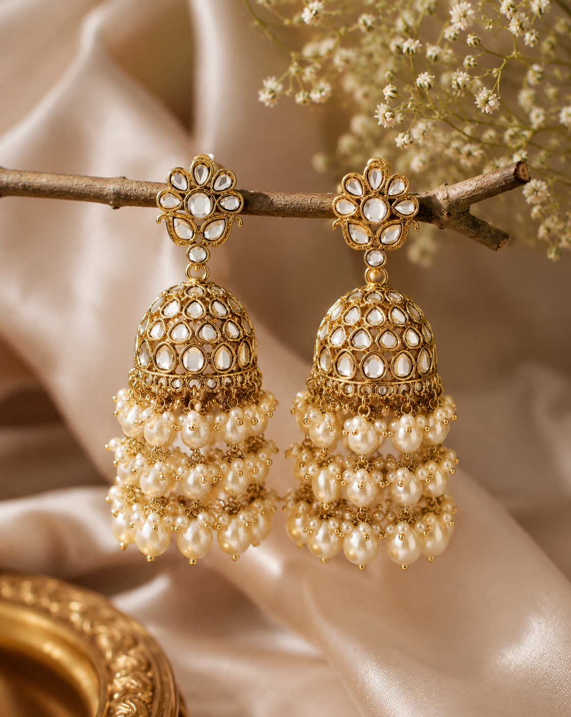 Shilpakala Ornaments Gold Tone Kundan & Pearl Drop Jhumka Earrings for Women | Traditional Bridal Wedding Ethnic Earrings | Festive Jewellery