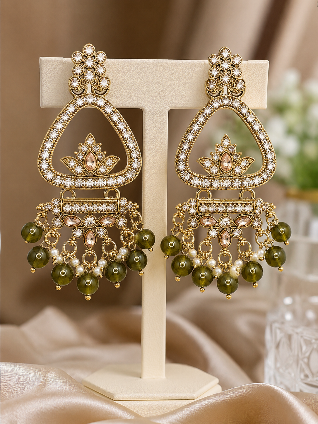 Shilpala Ornaments Gold-Plated Chandbali Jhumka Earrings with Olive Green Beads