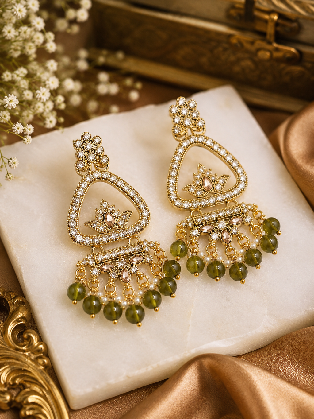 Shilpala Ornaments Gold-Plated Chandbali Jhumka Earrings with Olive Green Beads