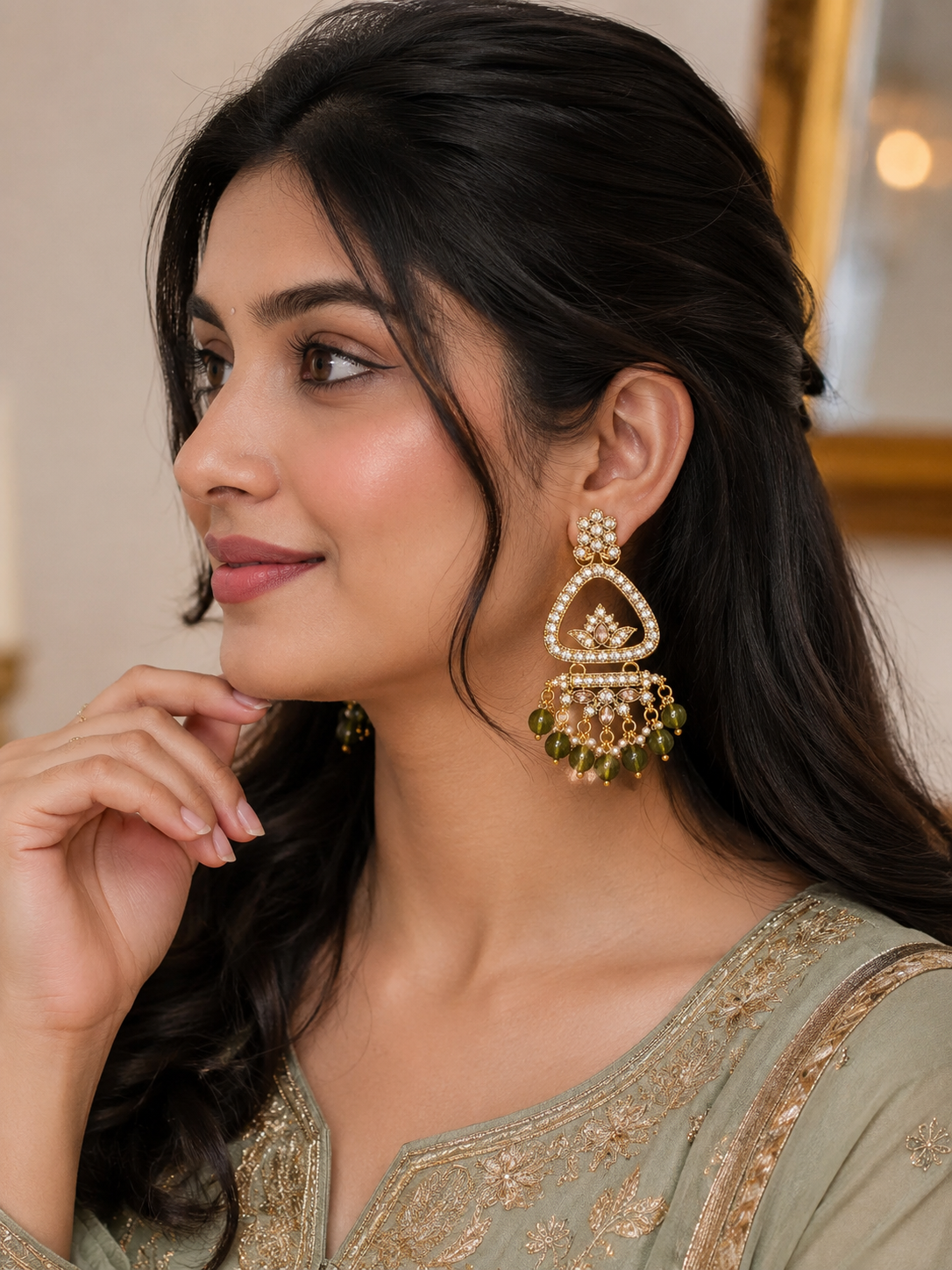 Shilpala Ornaments Gold-Plated Chandbali Jhumka Earrings with Olive Green Beads